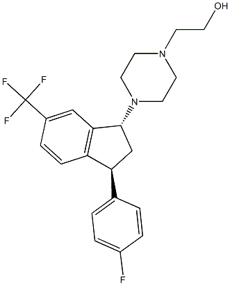 rac-4-[[(1R*,3S*)-3-(4-フルオロフェニル)-2,3-ジヒドロ-6-(トリフルオロメチル)-1H-インデン]-1-イル]-1-ピペラジンエタノール 化学構造式