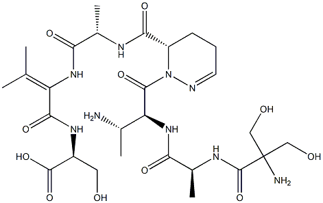 N-[2-[N-[[[(6S)-1-[(3S)-(2-Hydroxymethyl Ser-L-Ala-)-3-amino-3-methyl-L-Ala-]-1,4,5,6-tetrahydropyridazin]-6-yl]carbonyl]-L-Ala-amino]-3-methyl-2-butenoyl]-L-Ser-OH,82534-67-6,结构式