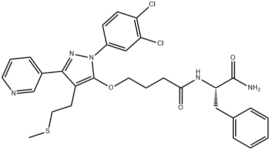 N-[(S)-1-カルバモイル-2-フェニルエチル]-4-[[2-(3,4-ジクロロフェニル)-4-[2-(メチルチオ)エチル]-5-(3-ピリジニル)-2H-ピラゾール-3-イル]オキシ]ブタンアミド 化学構造式