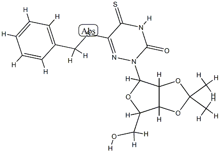 6-benzylsulfanyl-2-[4-(hydroxymethyl)-7,7-dimethyl-3,6,8-trioxabicyclo [3.3.0]oct-2-yl]-5-sulfanylidene-1,2,4-triazin-3-one Struktur