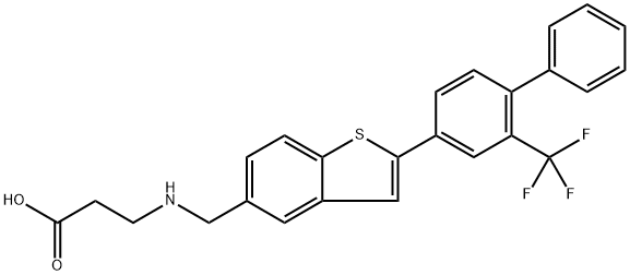 3-[2-[2-(トリフルオロメチル)-1,1′-ビフェニル-4-イル]ベンゾ[b]チオフェン-5-イルメチルアミノ]プロパン酸 化学構造式