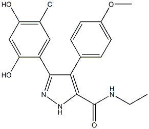 N-エチル-3-(2,4-ジヒドロキシ-5-クロロフェニル)-4-(4-メトキシフェニル)-1H-ピラゾール-5-カルボアミド 化学構造式