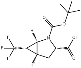 (1S,3S,5S,6S)-2-(tert-butoxycarbonyl)-6-(trifluoromethyl)-2-azabicyclo[3.1.0]hexane-3-carboxylic acid 化学構造式