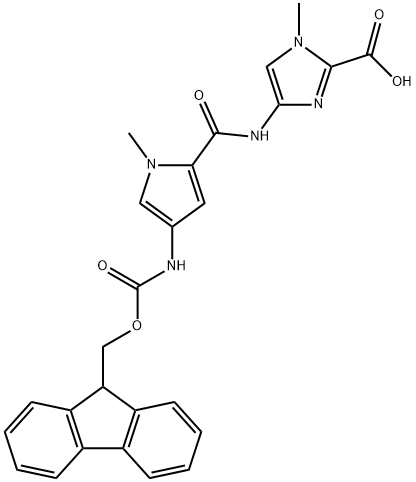 Fmoc-PyIm-COOH,4-[[[4-[(9- fluorenylmethoxycarbonyl)amino]-1- methylpyrrol-2-yl]carbonyl]amino]-1- methylimidazole-2-carboxylic acid Struktur