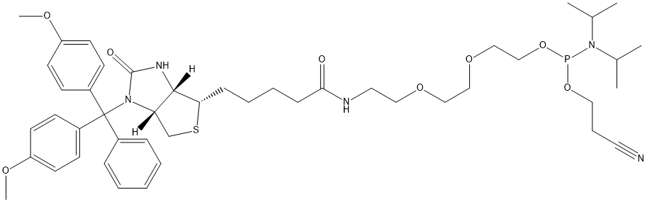 1-DIMETHOXYTRITYLOXY-2-(N-BIOTINYL-4-AMINOBUTYL)-PROPYL-3-O-(2-CYANOETHYL)-(N,N-DIISOPROPYL)-PHOSPHORAMIDITE 结构式