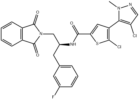 5-chloro-4-(4-chloro-1-methyl-1H-pyrazol-5-yl)-N-{(1S)-2-(1,3-dioxo-1,3-dihydro-2H-isoindol-2-yl)-1-[(3-fluorophenyl)methyl]ethyl}-2-thiophenecarboxamide 化学構造式