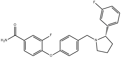 (S)-3-fluoro-4-(4-((2-(3-fluorophenyl)pyrrolidin-1-yl)methyl)phenoxy)benzamide 化学構造式