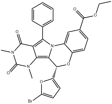 (S)-Ethyl 6-(5-bromofuran-2-yl)-7,9-dimethyl-8,10-dioxo-11-phenyl-7,8,9,10-tetrahydro-6H-benzo[b]pyrimido[4',5':3,4]pyrrolo[1,2-d][1,4]oxazine-2-carboxylate Struktur