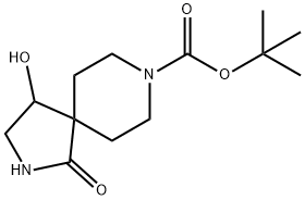 tert-Butyl 4-hydroxy-1-oxo-2,8-diazaspiro[4.5]decane-8-carboxylate 化学構造式