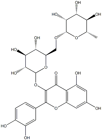 2-(3,4-dihydroxyphenyl)-5,7-dihydroxy-3-[(2S,3R,4S,5S,6R)-3,4,5-trihydroxy-6-[[(2R,3R,4R,5R,6S)-3,4,5-trihydroxy-6-methyloxan-2-yl]oxymethyl]oxan-2-yl]oxychromen-4-one 结构式