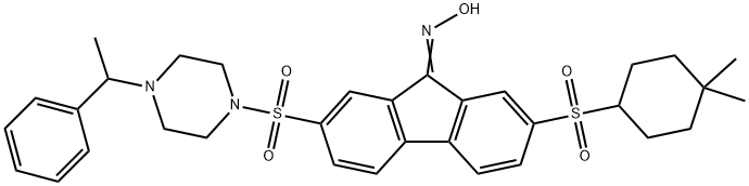 2-((4,4-dimethylcyclohexyl)sulfonyl)-7-((4-(1-phenylethyl)piperazin-1-yl)sulfonyl)-9H-fluoren-9-one oxime Struktur