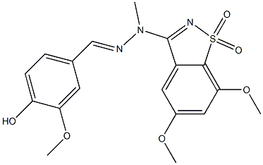 (E)-3-(2-(4-hydroxy-3-methoxybenzylidene)-1-methylhydrazinyl)-5,7-dimethoxybenzo[d]isothiazole 1,1-dioxide Structure