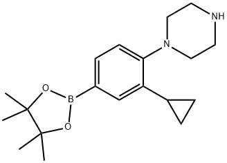 1-(2-cyclopropyl-4-(4,4,5,5-tetramethyl-1,3,2-dioxaborolan-2-yl)phenyl)piperazine 化学構造式