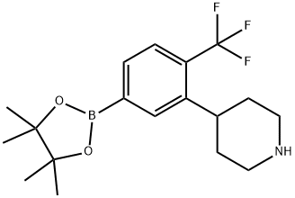 4-(5-(4,4,5,5-tetramethyl-1,3,2-dioxaborolan-2-yl)-2-(trifluoromethyl)phenyl)piperidine Struktur