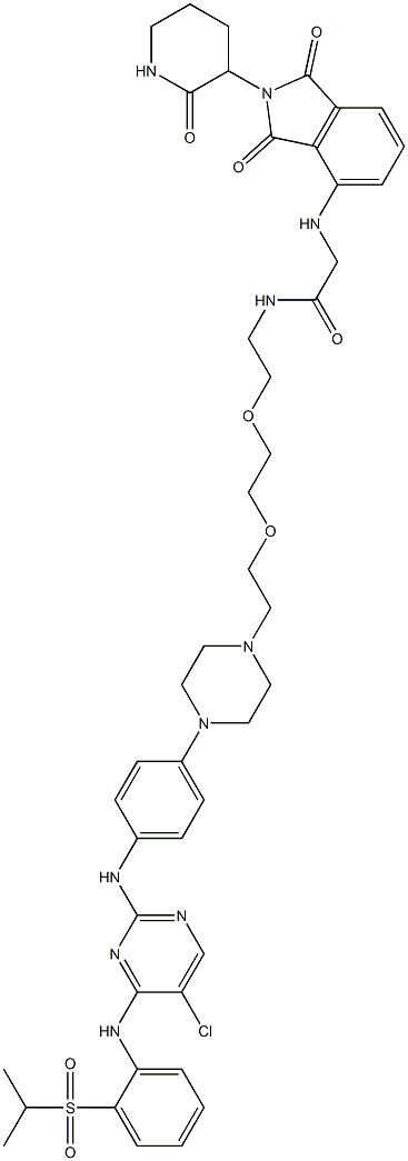 N-(2-(2-(2-(4-(4-((5-Chloro-4-((2-(isopropylsulfonyl)phenyl)amino)pyrimidin-2-yl)amino)phenyl)piperazin-1-yl)ethoxy)ethoxy)ethyl)-2-((1,3-dioxo-2-(2-oxopiperidin-3-yl)isoindolin-4-yl)amino)acetamide|化合物 T34890