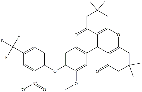 9-{4-[2-nitro-4-(trifluoromethyl)phenoxy]-3-methoxyphenyl}-3,3,6,6-tetramethyl-3,4,5,6,7,9-hexahydro-1H-xanthene-1,8(2H)-dione Struktur