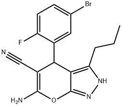 6-amino-4-(5-bromo-2-fluorophenyl)-3-propyl-2,4-dihydropyrano[2,3-c]pyrazole-5-carbonitrile Structure