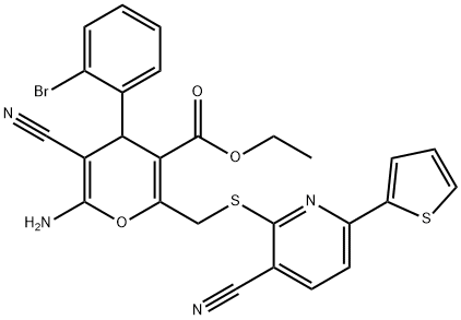 ethyl 6-amino-4-(2-bromophenyl)-5-cyano-2-({[3-cyano-6-(2-thienyl)-2-pyridinyl]sulfanyl}methyl)-4H-pyran-3-carboxylate 化学構造式