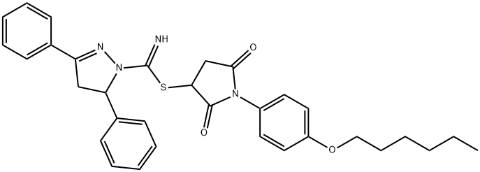 1-[4-(hexyloxy)phenyl]-2,5-dioxo-3-pyrrolidinyl 3,5-diphenyl-4,5-dihydro-1H-pyrazole-1-carbimidothioate,331760-20-4,结构式
