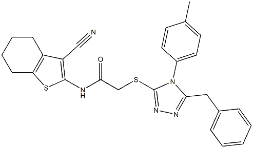 2-{[5-benzyl-4-(4-methylphenyl)-4H-1,2,4-triazol-3-yl]sulfanyl}-N-(3-cyano-4,5,6,7-tetrahydro-1-benzothien-2-yl)acetamide Struktur