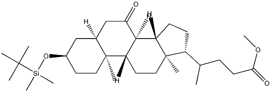 (R)-methyl 4-((3R,5S,8R,9S,10S,13R,14S,17R)-3-(tert-butyldimethylsilyloxy)-10,13-dimethyl-7-oxo-hexadecahydro-1H-cyclopenta[a]phenanthren-17-yl)pentanoate 化学構造式