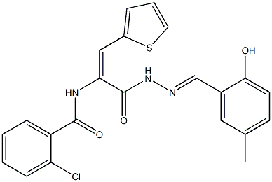 2-chloro-N-[1-{[2-(2-hydroxy-5-methylbenzylidene)hydrazino]carbonyl}-2-(2-thienyl)vinyl]benzamide,339022-22-9,结构式