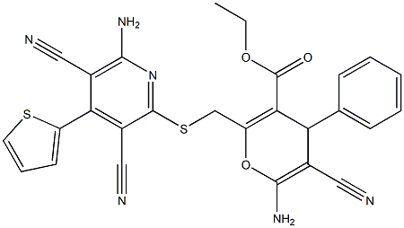 ethyl 6-amino-2-{[(6-amino-3,5-dicyano-4-thien-2-ylpyridin-2-yl)sulfanyl]methyl}-5-cyano-4-phenyl-4H-pyran-3-carboxylate Struktur