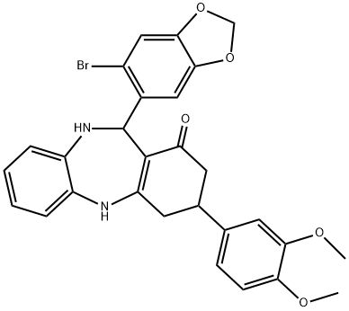 11-(6-bromo-1,3-benzodioxol-5-yl)-3-(3,4-dimethoxyphenyl)-2,3,4,5,10,11-hexahydro-1H-dibenzo[b,e][1,4]diazepin-1-one 结构式