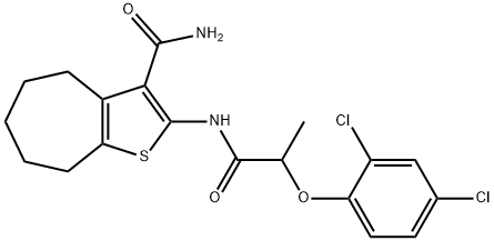 2-{[2-(2,4-dichlorophenoxy)propanoyl]amino}-5,6,7,8-tetrahydro-4H-cyclohepta[b]thiophene-3-carboxamide 化学構造式