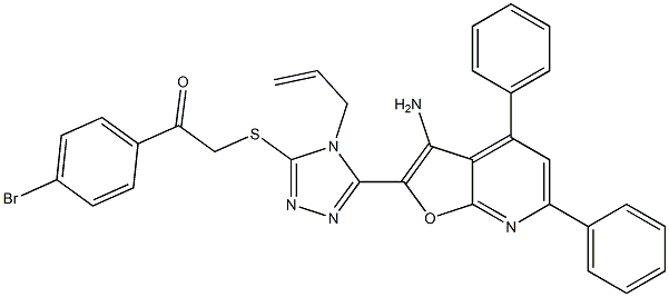 2-{[4-allyl-5-(3-amino-4,6-diphenylfuro[2,3-b]pyridin-2-yl)-4H-1,2,4-triazol-3-yl]sulfanyl}-1-(4-bromophenyl)ethanone 化学構造式