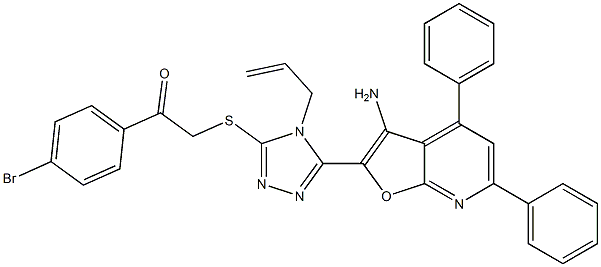 2-{[4-allyl-5-(3-amino-4,6-diphenylfuro[2,3-b]pyridin-2-yl)-4H-1,2,4-triazol-3-yl]sulfanyl}-1-(4-bromophenyl)ethanone 结构式