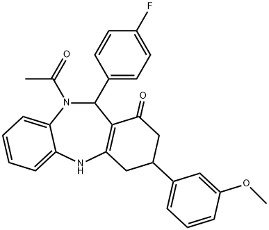 10-acetyl-11-(4-fluorophenyl)-3-(3-methoxyphenyl)-2,3,4,5,10,11-hexahydro-1H-dibenzo[b,e][1,4]diazepin-1-one Struktur