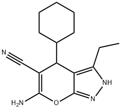 6-amino-4-cyclohexyl-3-ethyl-2,4-dihydropyrano[2,3-c]pyrazole-5-carbonitrile 化学構造式