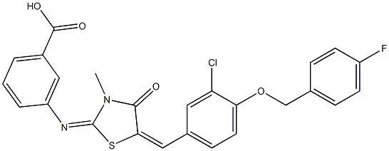 3-[(5-{3-chloro-4-[(4-fluorobenzyl)oxy]benzylidene}-3-methyl-4-oxo-1,3-thiazolidin-2-ylidene)amino]benzoic acid 结构式