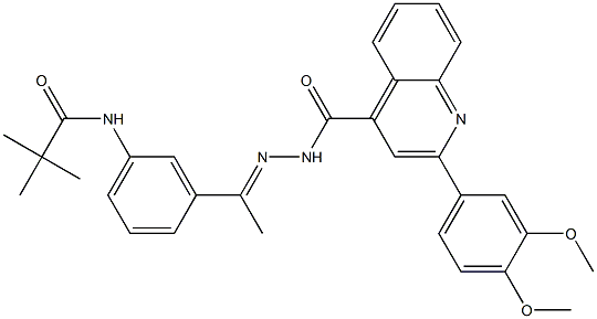 N-[3-(N-{[2-(3,4-dimethoxyphenyl)-4-quinolinyl]carbonyl}ethanehydrazonoyl)phenyl]-2,2-dimethylpropanamide Struktur