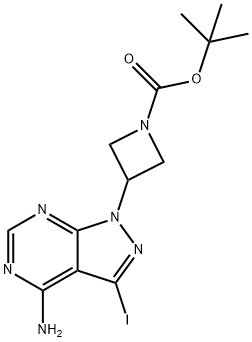 tert-Butyl 3-(4-amino-3-iodo-1H-pyrazolo[3,4-d]pyrimidin-1-yl)azetane-1-carboxylate 化学構造式