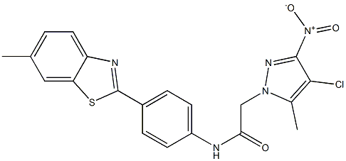 2-{4-chloro-3-nitro-5-methyl-1H-pyrazol-1-yl}-N-[4-(6-methyl-1,3-benzothiazol-2-yl)phenyl]acetamide 化学構造式