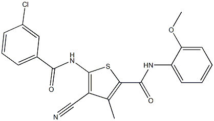5-{[(3-chlorophenyl)carbonyl]amino}-4-cyano-3-methyl-N-[2-(methyloxy)phenyl]thiophene-2-carboxamide,493013-61-9,结构式