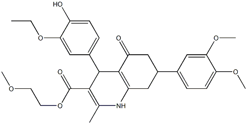 2-methoxyethyl 7-(3,4-dimethoxyphenyl)-4-(3-ethoxy-4-hydroxyphenyl)-2-methyl-5-oxo-1,4,5,6,7,8-hexahydro-3-quinolinecarboxylate 化学構造式