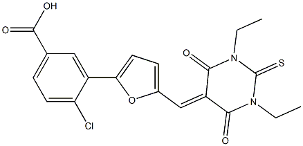 4-chloro-3-{5-[(1,3-diethyl-4,6-dioxo-2-thioxotetrahydro-5(2H)-pyrimidinylidene)methyl]-2-furyl}benzoic acid,496950-37-9,结构式