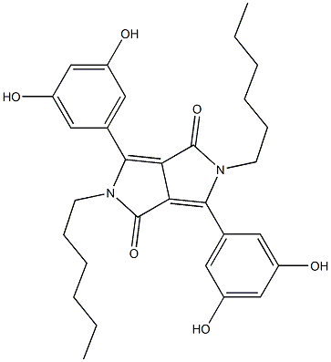 3,6-bis(3,5-dihydroxyphenyl)-2,5-dihexyl-2,5-dihydropyrrolo[3,4-c]pyrrole-1,4-dione 化学構造式