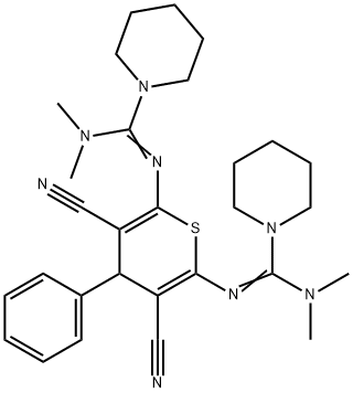 N'-(3,5-dicyano-6-{[(dimethylamino)(1-piperidinyl)methylene]amino}-4-phenyl-4H-thiopyran-2-yl)-N,N-dimethyl-1-piperidinecarboximidamide 化学構造式