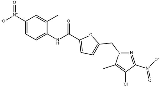 5-({4-chloro-3-nitro-5-methyl-1H-pyrazol-1-yl}methyl)-N-{4-nitro-2-methylphenyl}-2-furamide 化学構造式