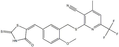 2-({2-methoxy-5-[(4-oxo-2-thioxo-1,3-thiazolidin-5-ylidene)methyl]benzyl}sulfanyl)-4-methyl-6-(trifluoromethyl)nicotinonitrile Structure