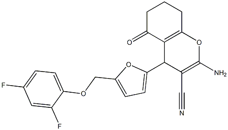 2-amino-4-{5-[(2,4-difluorophenoxy)methyl]-2-furyl}-5-oxo-5,6,7,8-tetrahydro-4H-chromene-3-carbonitrile Struktur