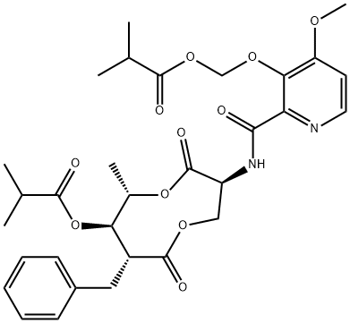 (3S,6S,7R,8R)-8-benzyl-3-{[(4-methoxy-3-{[(2-methylpropanoyl)oxy]methoxy}pyridin-2-yl)carbonyl]amino}-6-methyl-4,9-dioxo-1,5-dioxonan-7-yl 2-methylpropanoate, 517875-34-2, 结构式