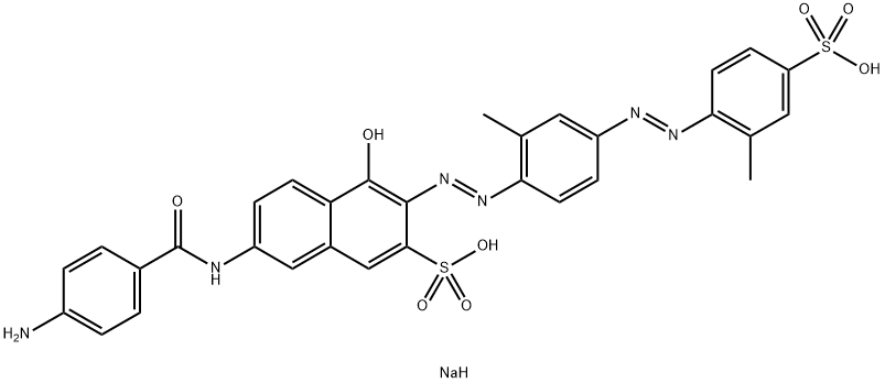 2-Naphthalenesulfonic acid, 7-[(4-aminobenzoyl)amino]-4-hydroxy-3-[[2-methyl-4-[(2-methyl-4-sulfophenyl)azo]phenyl]azo]-, disodium salt Struktur