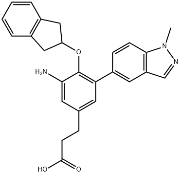Benzenepropanoic acid, 3-amino-4-[(2,3-dihydro-1H-inden-2-yl)oxy]-5-(1-methyl-1H-indazol-5-yl)- Struktur