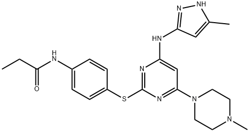 N-(4-(4-(3-Methyl-1H-pyrazol-5-ylaMino)-6-(4-Methylpiperazin-1-yl)pyriMidin-2-ylthio)phenyl)propionaMide,639089-73-9,结构式