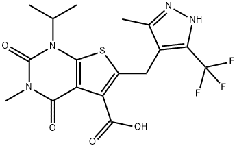 1-isopropyl-3-methyl-6-((5-methyl-3-(trifluoromethyl)-1H-pyrazol-4-yl)methyl)-2,4-dioxo-1,2,3,4-tetrahydrothieno[2,3-d]pyrimidine-5-carboxylic acid Structure